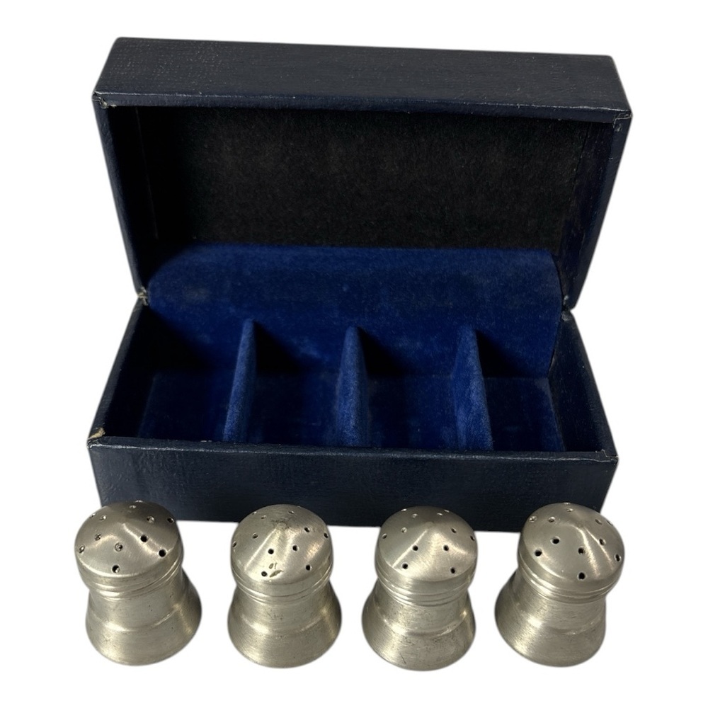 Vintage B & M Pewter 4 Piece 1.25” Salt & Pepper Shakers In Box Individual Mini